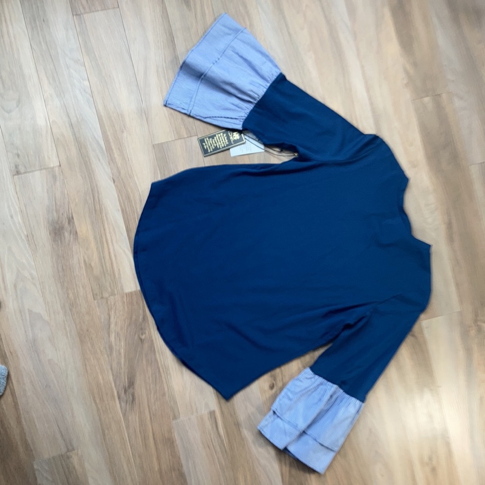 DG2 navy blue top w striped ruffle bell sleeve detail boho XS - Picture 14 of 17